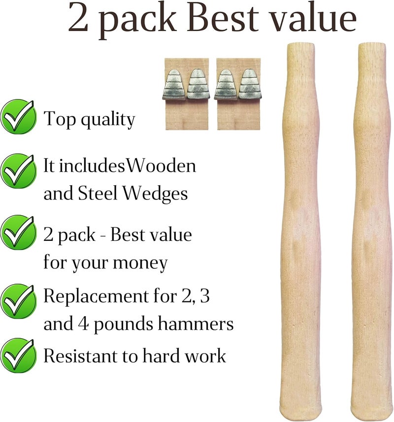 CuitÃ¡xi 2 pack Wood Sledge hammer handle replacement for 2, 3 and 4 lb Complete Set with Wooden and Steel Wedges - Wood replacement ball pien hammer handle - Wood tool handle - Wooden handle hammers in bulk - Image 2